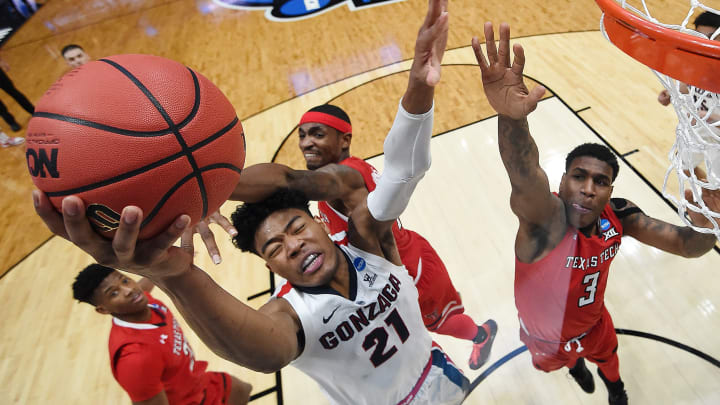 ANAHEIM, CALIFORNIA – MARCH 30: Rui Hachimura #21 of the Gonzaga Bulldogs drives to the basket against Tariq Owens #11 and DeShawn Corprew #3 of the Texas Tech Red Raiders during the second half of the 2019 NCAA Men’s Basketball Tournament West Regional at Honda Center on March 30, 2019 in Anaheim, California. (Photo by Sean M. Haffey/Getty Images)