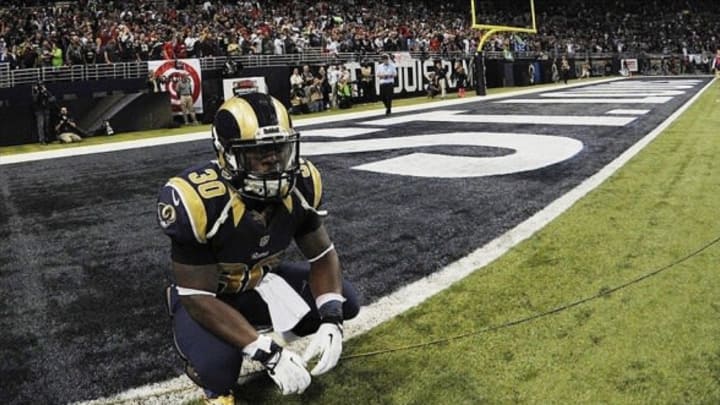 Oct 28, 2013; St. Louis, MO, USA; St. Louis Rams running back Zac Stacy (30) reacts to losing the game between the St. Louis Rams and the Seattle Seahawks at Edward Jones Dome. The Seahawks defeat the Rams 14-9. Mandatory Credit: Jasen Vinlove-USA TODAY Sports