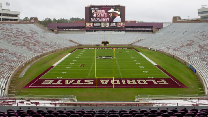 TALLAHASSEE FL - DECEMBER 06: Bobby Bowden Field at Doak Campbell stadium jumbotron welcomes new head coach Willie Taggart during the introductory press conference of Florida State's new head coach, Willie Taggart at the Champions Club at Doak Campbell Stadium on December 06, 2017 in Tallahassee, FL. (Photo by Logan Stanford/Icon Sportswire via Getty Images)
