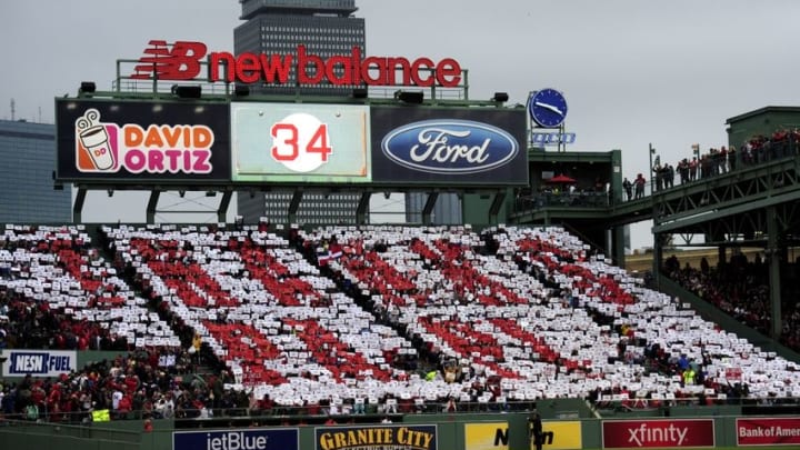 Oct 2, 2016; Boston, MA, USA; A message displaying Thanks Papi is displayed in the bleacher seats during the second inning in honor of Boston Red Sox designated hitter David Ortiz (34) (not pictured) in a game against the Toronto Blue Jays at Fenway Park. Mandatory Credit: Bob DeChiara-USA TODAY Sports