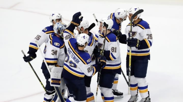 Oct 12, 2016; Chicago, IL, USA; St. Louis Blues players celebrate a 5-2 win against the Chicago Blackhawks at United Center. Mandatory Credit: Kamil Krzaczynski-USA TODAY Sports