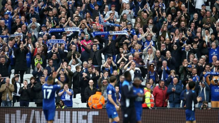 STRATFORD, ENGLAND - MARCH 18: The Leicester City fans shows appreciation to the Leicester City players after the Premier League match between West Ham United and Leicester City at London Stadium on March 18, 2017 in Stratford, England. (Photo by Steve Bardens/Getty Images)