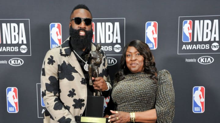 SANTA MONICA, CA - JUNE 25: James Harden, winner of the 2017-2018 MVP award, poses with his mom Monja Willis in the backstage photo room during the 2018 NBA Awards at Barker Hangar on June 25, 2018 in Santa Monica, California. (Photo by Allen Berezovsky/Getty Images)