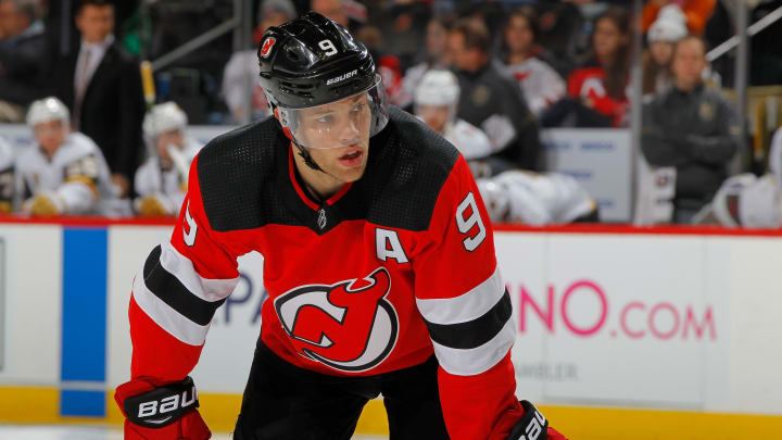 NEWARK, NJ – MARCH 04: Taylor Hall #9 of the New Jersey Devils in action against the Vegas Golden Knights on March 4, 2018 at Prudential Center in Newark, New Jersey. The Golden Knights defeated the Devils 3-2. (Photo by Jim McIsaac/NHLI via Getty Images)