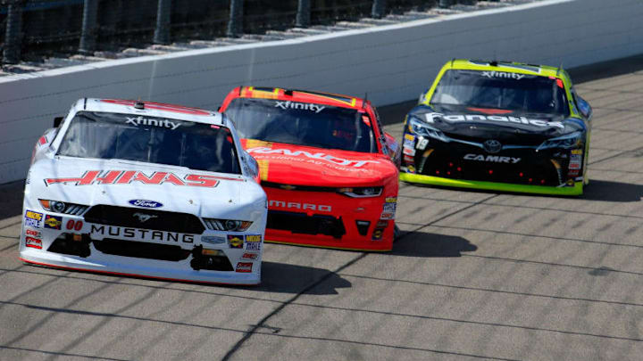 NEWTON, IA - JULY 29: Cole Custer, driver of the #00 Haas Automation Ford, leads a pack of cars during the NASCAR XFINITY Series US Cellular 250 Presented by American Ethanol at Iowa Speedway on July 29, 2017 in Newton, Iowa. (Photo by Daniel Shirey/Getty Images)