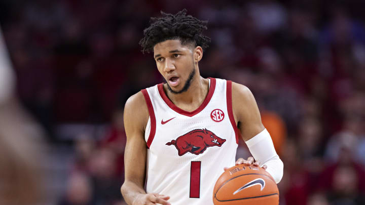 FAYETTEVILLE, AR – FEBRUARY 26: Isaiah Joe #1 of the Arkansas Razorbacks runs the offense during a game against the Tennessee Volunteers at Bud Walton Arena on February 26, 2020 in Fayetteville, Arkansas. The Razorbacks defeated the Volunteers 86-69. (Photo by Wesley Hitt/Getty Images)
