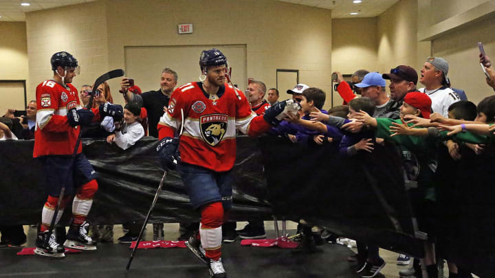 SUNRISE, FL – FEBRUARY 1: Jonathan Huberdeau #11 and Aleksander Barkov #16 of the Florida Panthers are greeted by fans on the way out to the ice prior to the start of the game against the Nashville Predators at the BB&T Center on February 1, 2019 in Sunrise, Florida. (Photo by Eliot J. Schechter/NHLI via Getty Images)
