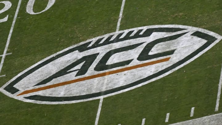 CHARLOTTE, NC - DECEMBER 02: A general view of an ACC Conference logo in Miami Hurricanes colors during the ACC Football Championship matchup of the Miami Hurricanes and the Clemson Tigers at Bank of America Stadium on December 2, 2017 in Charlotte, North Carolina. (Photo by Mike Comer/Getty Images)