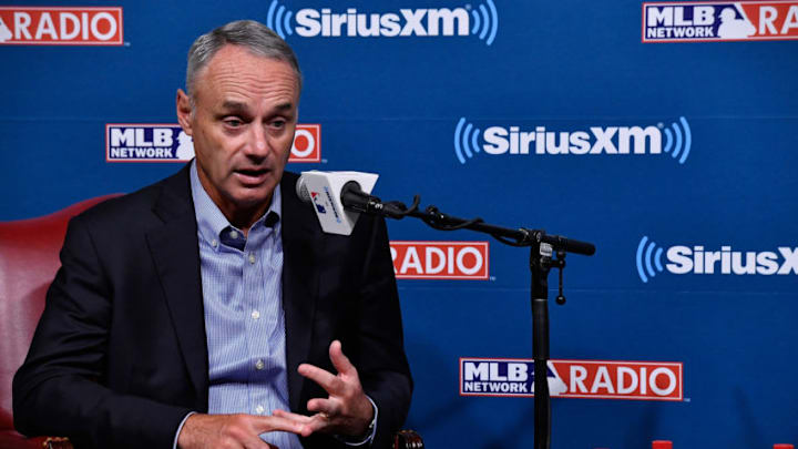 Commissioner of Baseball Rob Manfred: He says MLB may be interested in involving itself in the sale of the Fox Regional Sports Networks. (Photo by Larry French/Getty Images for SiriusXM,)