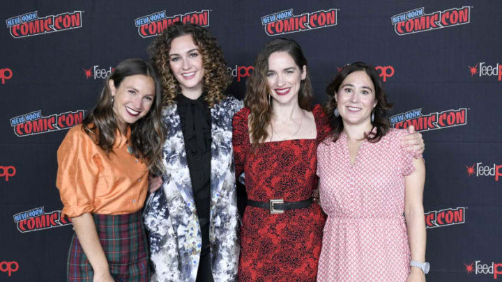 NEW YORK, NEW YORK - OCTOBER 05: Emily Andras, Melanie Scrofano, Dominique Provost-Chalkley and Katherine Barrell attends the press line at SYFY & IDW Entertainment’s "Wynonna Earp" Panel during New York Comic Con 2019 Day 3 at Jacob K. Javits Convention Center on October 05, 2019 in New York City. (Photo by Eugene Gologursky/Getty Images for ReedPOP )