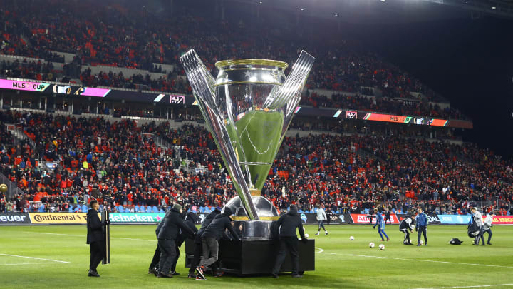 Dec 10, 2016; Toronto, Canada; A giant replica of the Philip F. Anschutz Trophy is seen at center field before the 2016 MLS Cup between the Toronto FC and the Seattle Sounders at BMO Field. Mandatory Credit: Mark J. Rebilas-USA TODAY Sports