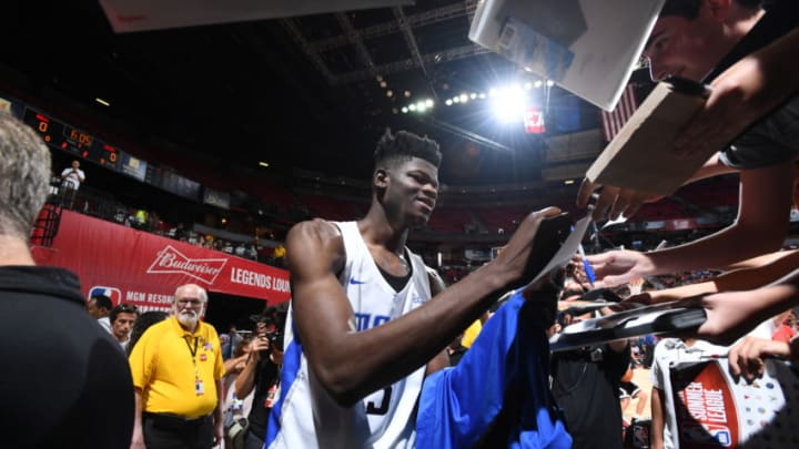 LAS VEGAS, NV - JULY 8: Mohamed Bamba #5 of the Orlando Magic talks to the media after the game against the Memphis Grizzlies during the 2018 Las Vegas Summer League on July 8, 2018 at the Thomas & Mack Center in Las Vegas, Nevada. NOTE TO USER: User expressly acknowledges and agrees that, by downloading and/or using this Photograph, user is consenting to the terms and conditions of the Getty Images License Agreement. Mandatory Copyright Notice: Copyright 2018 NBAE (Photo by Garrett Ellwood/NBAE via Getty Images)