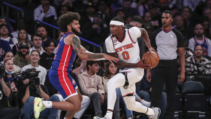 Knicks forward Cam Reddish (0) looks to drive past Detroit Pistons forward Isaiah Livers (12) Credit: Wendell Cruz-USA TODAY Sports