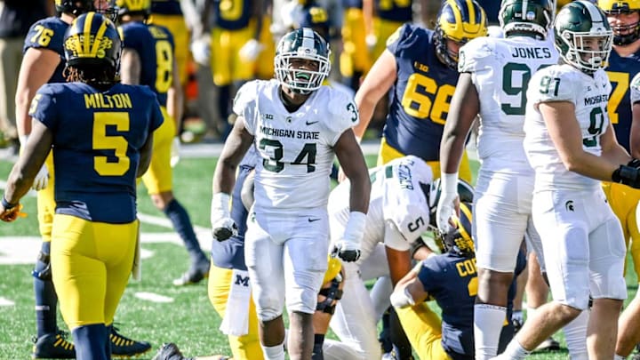 Michigan State’s Antjuan Simmons celebrates a stop against Michigan during the fourth quarter on Saturday, Oct. 31, 2020, at Michigan Stadium in Ann Arbor.201031 Msu Um 147a