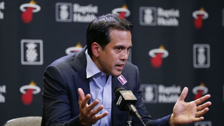 Head coach Erik Spoelstra of the Miami Heat addresses the media regarding the announcement the NBA has suspended the season, (Photo by Michael Reaves/Getty Images)