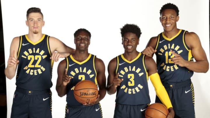 INDIANAPOLIS - SEPTEMBER 24: T.J. Leaf #22, Darren Collison #2, Aaron Holiday #3, and Ike Anigbogu #13 of the Indiana Pacers pose for a head shot during the Pacers Media Day on September 24, 2018 in Indianapolis, Indiana. NOTE TO USER: User expressly acknowledges and agrees that, by downloading and or using this Photograph, user is consenting to the terms and condition of the Getty Images License Agreement. Mandatory Copyright Notice: 2018 NBAE (Photo by Ron Hoskins/NBAE via Getty Images)