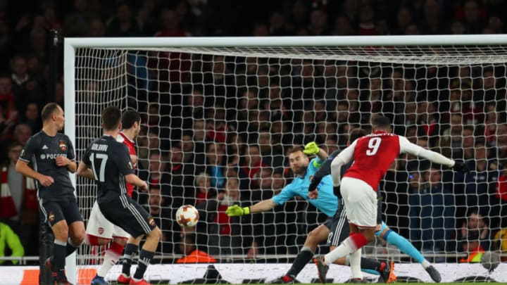 LONDON, ENGLAND - APRIL 05: Alexandre Lacazette of Arsenal scores the third goal during the UEFA Europa League quarter final first leg match between Arsenal FC and CSKA Moskva at Emirates Stadium on April 5, 2018 in London, United Kingdom. (Photo by Catherine Ivill/Getty Images)