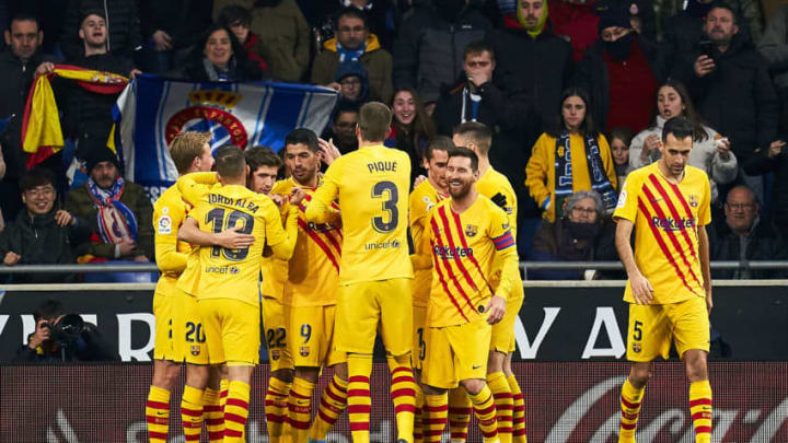 BARCELONA, SPAIN - JANUARY 04: Arturo Vidal of FC Barcelona celebrates with teammates after scoring their team's second goal during the Liga match between RCD Espanyol and FC Barcelona at RCDE Stadium on January 04, 2020 in Barcelona, Spain. (Photo by Quality Sport Images/Getty Images)