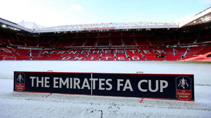 MANCHESTER, ENGLAND - MARCH 17: A snow covered pitch at the Old Trafford stadium prior to the Emirates FA Cup Quarter Final between Manchester United and Brighton