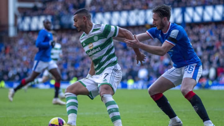 GLASGOW, SCOTLAND - JANUARY 02: Giorgos Giakoumakis of Celtic and Ben Davies of Rangers in action during the Cinch Scottish Premiership match between Rangers FC and Celtic FC at on January 2, 2023 in Glasgow, United Kingdom. (Photo by Richard Callis/MB Media/Getty Images)