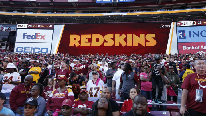 LANDOVER, MD – OCTOBER 15: General view of the scoreboard displaying the Washington Redskins logo and name during a game against the San Francisco 49ers at FedEx Field on October 15, 2017 in Landover, Maryland. The Redskins won 26-24. (Photo by Joe Robbins/Getty Images) *** Local Caption ***