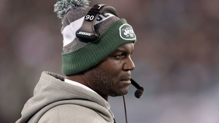Dec 17, 2016; East Rutherford, NJ, USA; New York Jets head coach Todd Bowles coaches against the Miami Dolphins during the fourth quarter at MetLife Stadium. Mandatory Credit: Brad Penner-USA TODAY Sports