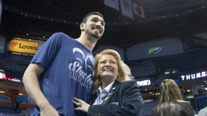 OKLAHOMA CITY, OK - APRIL 25: Former Utah Jazz and Oklahoma City Thunder and current New York Knicks player Enes Kanter poses for photos with fans before game 5 of the Western Conference playoffs at the Chesapeake Energy Arena on April 25, 2018 in Oklahoma City, Oklahoma. His shirt acknowledges his relationship to Steven Adams #12 of the Oklahoma City Thunder. NOTE TO USER: User expressly acknowledges and agrees that, by downloading and or using this photograph, User is consenting to the terms and conditions of the Getty Images License Agreement. (Photo by J Pat Carter/Getty Images)