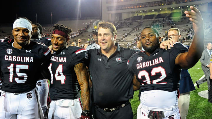 NASHVILLE, TN – SEPTEMBER 01: Head coach Will Muschamp celebrates with Matrick Belton #15, Jamari Smith #14, and Rod Talley #32 after a 13-10 victory over the Vanderbilt Commodores at Vanderbilt Stadium on September 1, 2016 in Nashville, Tennessee. (Photo by Frederick Breedon/Getty Images)