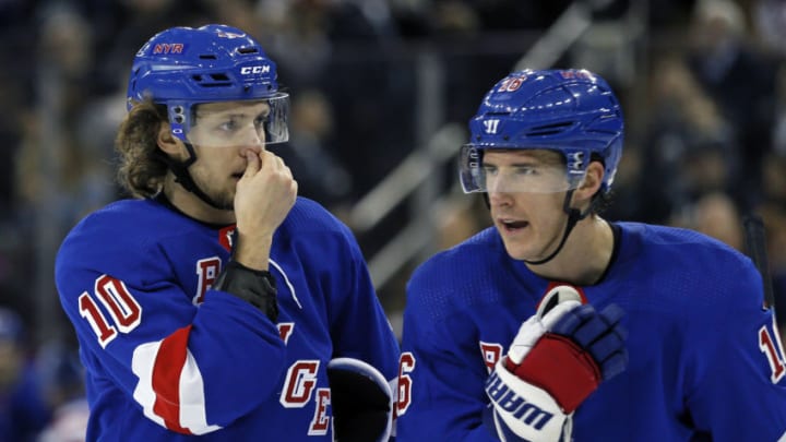 Jan 19, 2020; New York, New York, USA; New York Rangers left wing Artemi Panarin (10) and Rangers center Ryan Strome (16) talk during the second period against the Columbus Blue Jackets at Madison Square Garden. Mandatory Credit: Adam Hunger-USA TODAY Sports