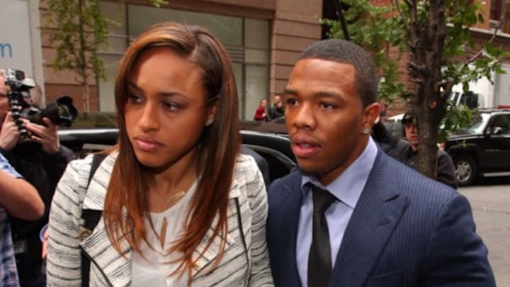 Nov 5, 2014; New York, NY, USA; Suspended NFL running back Ray Rice arrives with his wife, Janay Rice for his appeal hearing on his indefinite suspension from the NFL. Mandatory Credit: Brad Penner-USA TODAY