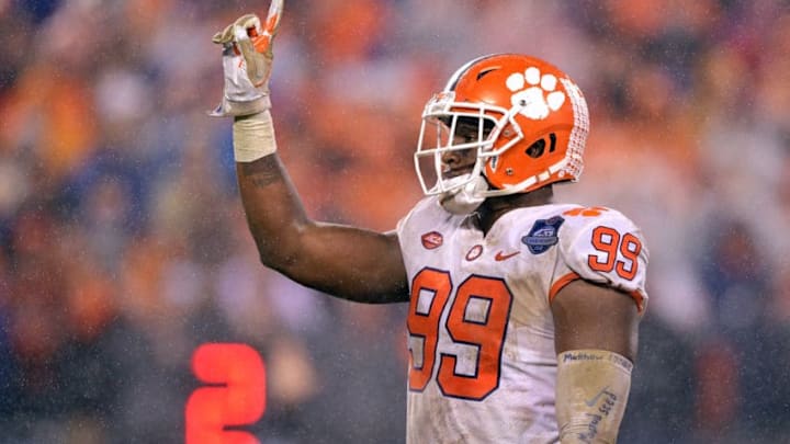 CHARLOTTE, NC - DECEMBER 01: Clelin Ferrell #99 of the Clemson Tigers reacts after making a tackle for a loss against the Pittsburgh Panthers during the first quarter of their game at Bank of America Stadium on December 1, 2018 in Charlotte, North Carolina. (Photo by Grant Halverson/Getty Images)