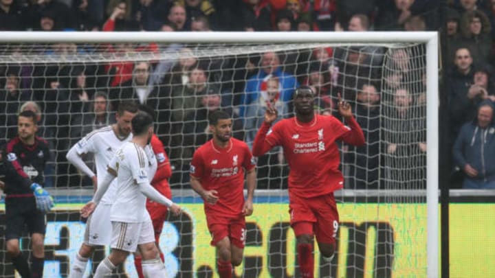 SWANSEA, WALES – MAY 01: Christian Benteke of Liverpool celebrates scoring his team’s opening goal during the Barclays Premier League match between Swansea City and Liverpool at The Liberty Stadium on May 1, 2016 in Swansea, Wales. (Photo by Stu Forster/Getty Images)