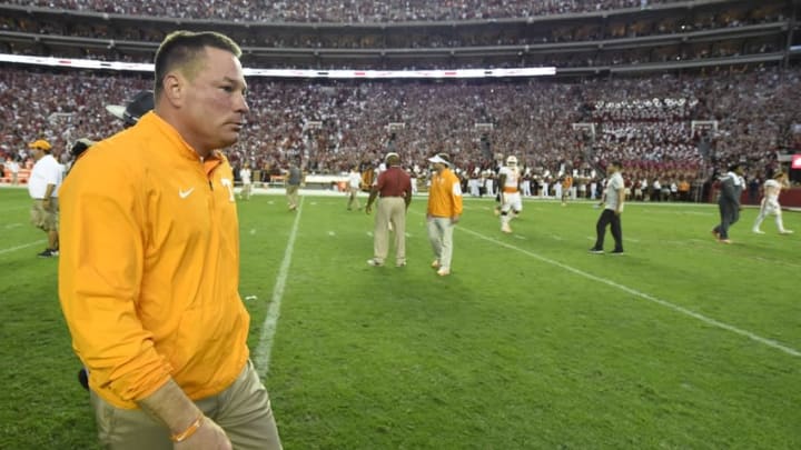 Oct 24, 2015; Tuscaloosa, AL, USA; Tennessee Volunteers head coach Butch Jones walks off the following their 19-14 loss to the Alabama Crimson Tide at Bryant-Denny Stadium. Mandatory Credit: John David Mercer-USA TODAY Sports