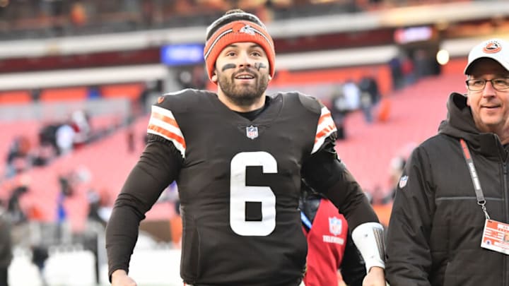 Dec 12, 2021; Cleveland, Ohio, USA; Cleveland Browns quarterback Baker Mayfield (6) celebrates after the Browns beat the Baltimore Ravens at FirstEnergy Stadium. Mandatory Credit: Ken Blaze-USA TODAY Sports