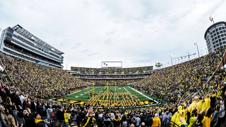 Oct 19, 2019; Iowa City, IA, USA; A general view of Kinnick Stadium as two FA-18 jets fly over the field prior to the game between the Iowa Hawkeyes and the Purdue Boilermakers. Mandatory Credit: Jeffrey Becker-USA TODAY Sports