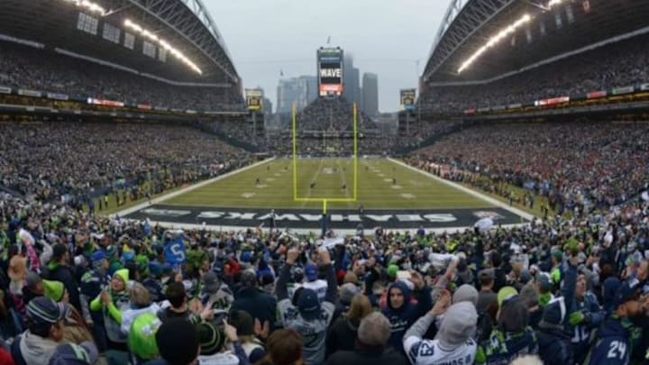 Jan 19, 2014; Seattle, WA, USA; General view of the opening kickoff of the 2013 NFC Championship football game between the San Francisco 49ers and the Seattle Seahawks at CenturyLink Field. Mandatory Credit: Kirby Lee-USA TODAY Sports
