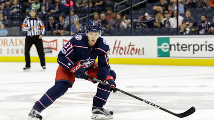 COLUMBUS, OH - SEPTEMBER 24: Columbus Blue Jackets left wing Markus Hannikainen (37) prepares to receive a pass in the first period of a Preseason game between the Columbus Blue Jackets and the Nashville Predators on September 24, 2017, at Nationwide Arena in Columbus, OH. (Photo by Adam Lacy/Icon Sportswire via Getty Images)