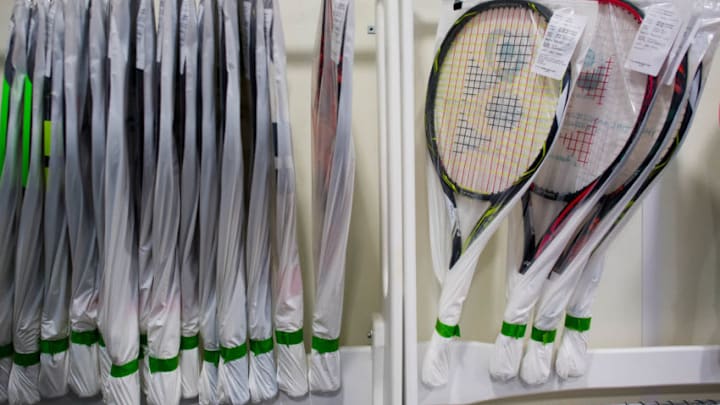 LONDON, ENGLAND - JULY 08: Restrung rackets await collection from the restringing workshop on day six of the Wimbledon Lawn Tennis Championships at the All England Lawn Tennis and Croquet Club on July 8, 2017 in London, England. (Photo by David Ramos/Getty Images)