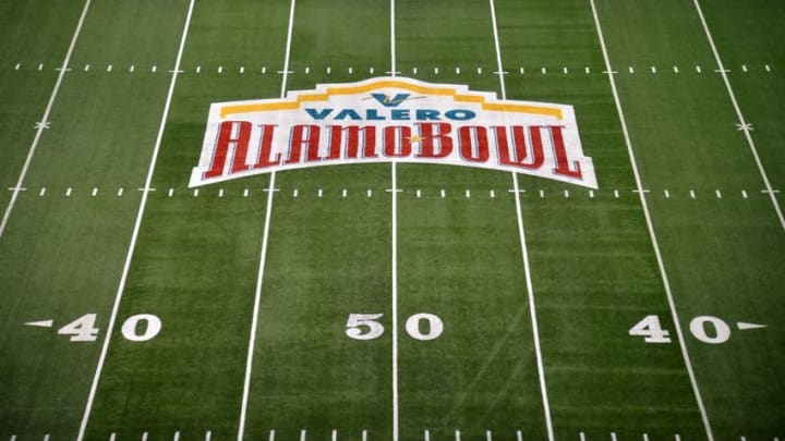 Jan 2, 2016; San Antonio, TX, USA; General view of the Valero Alamo Bowl logo at midfield before the 2016 Alamo Bowl between the TCU Horned Frogs and the Oregon Ducks at Alamodome. Mandatory Credit: Kirby Lee-USA TODAY Sports
