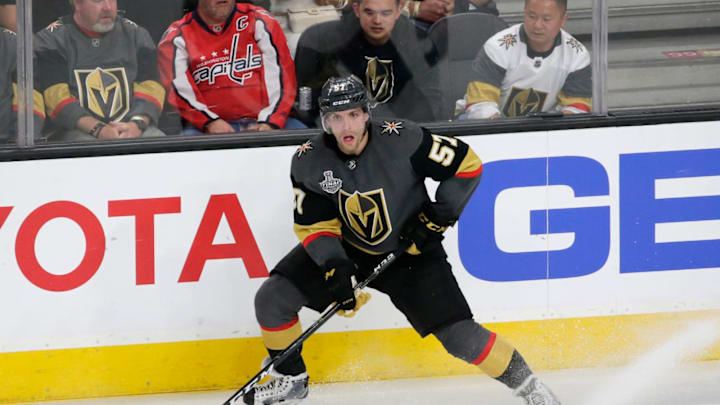 LAS VEGAS, NV – MAY 30: Vegas Golden Knights left wing David Perron (57) looks to pass the puck during the third period of Game Two of the Stanley Cup Final between the Washington Capitals and the Vegas Golden Knights, Wednesday, May 30, 2018, at T-Mobile Arena in Las Vegas, NV. (Marc Sanchez/Icon Sportswire via Getty Images)