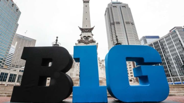 B1G letters sit on Monument Circle before the NCAA Big Ten tournament in Indianapolis, Tuesday, March 10, 2020.Finals 14