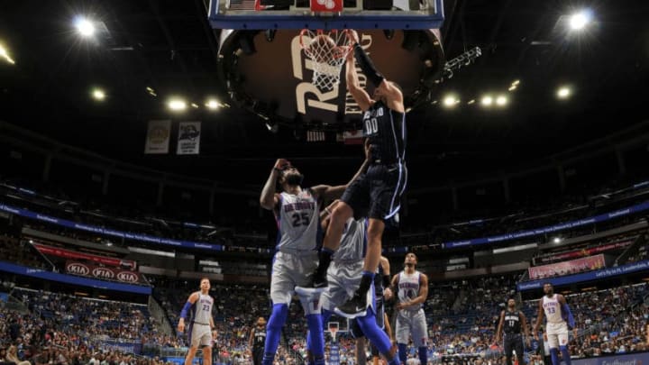 ORLANDO, FL - MARCH 2: Aaron Gordon #00 of the Orlando Magic dunks the ball against the Detroit Pistons on March 2, 2018 at Amway Center in Orlando, Florida. NOTE TO USER: User expressly acknowledges and agrees that, by downloading and or using this photograph, User is consenting to the terms and conditions of the Getty Images License Agreement. Mandatory Copyright Notice: Copyright 2018 NBAE (Photo by Fernando Medina/NBAE via Getty Images)