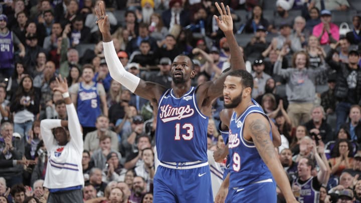 SACRAMENTO, CA – NOVEMBER 19: Dewayne Dedmon #13 of the Sacramento Kings celebrates during the game against the Phoenix Suns on November 19, 2019 at Golden 1 Center in Sacramento, California. NOTE TO USER: User expressly acknowledges and agrees that, by downloading and or using this photograph, User is consenting to the terms and conditions of the Getty Images Agreement. Mandatory Copyright Notice: Copyright 2019 NBAE (Photo by Rocky Widner/NBAE via Getty Images)