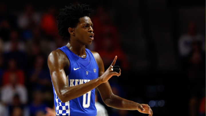 Feb 4, 2017; Gainesville, FL, USA; Kentucky Wildcats guard De’Aaron Fox (0) points against the Florida Gators during the first half at Exactech Arena at the Stephen C. O’Connell Center. Mandatory Credit: Kim Klement-USA TODAY Sports