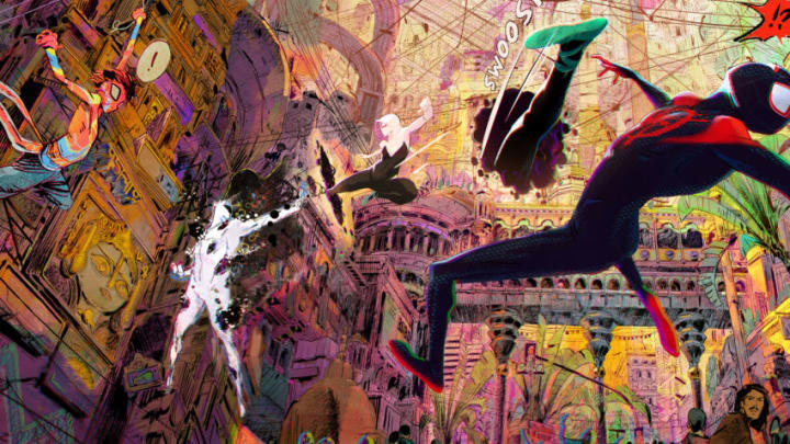 A visual development image featuring Pavitr Prabhakar, aka Spider-Man India, Gwen Stacy and Miles Morales fighting The Spot in the city of Mumbattan on Earth-50101 - a kaleidoscopic hybrid of Mumbai and Manhattanfor Columbia Pictures and Sony Pictures Animations’ SPIDER-MAN™: ACROSS THE SPIDER-VERSE.