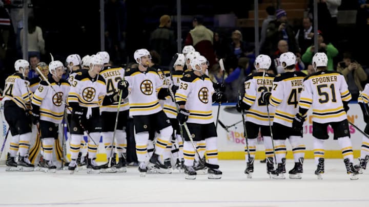 NEW YORK, NY - FEBRUARY 07: The Boston Bruins celebrate their 6-1 win against the New York Rangers during their game at Madison Square Garden on February 7, 2018 in New York City. (Photo by Abbie Parr/Getty Images)