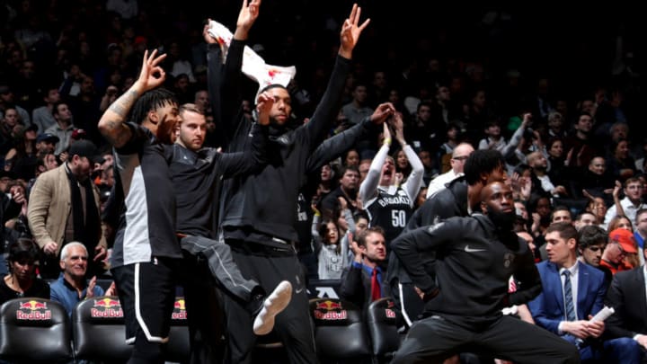 BROOKLYN, NY - MARCH 25: The Brooklyn Nets bench celebrates during the game against the Cleveland Cavaliers on March 25, 2018 at Barclays Center in Brooklyn, New York. NOTE TO USER: User expressly acknowledges and agrees that, by downloading and or using this Photograph, user is consenting to the terms and conditions of the Getty Images License Agreement. Mandatory Copyright Notice: Copyright 2018 NBAE (Photo by Nathaniel S. Butler/NBAE via Getty Images)