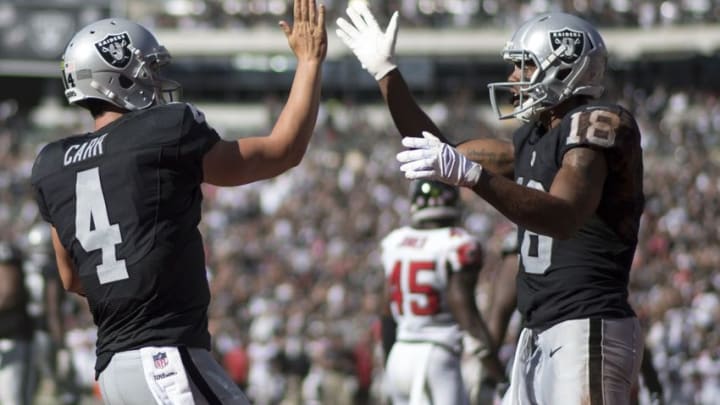 September 18, 2016; Oakland, CA, USA; Oakland Raiders quarterback Derek Carr (4) celebrates with wide receiver Andre Holmes (18) for a touchdown against the Atlanta Falcons during the fourth quarter at Oakland Coliseum. The Falcons defeated the Raiders 35-28. Mandatory Credit: Kyle Terada-USA TODAY Sports
