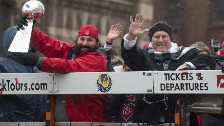 New England Patriots defensive coordinator Matt Patricia and head coach Bill Belichick