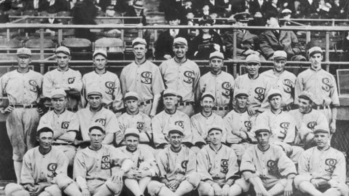 Group shot of the 1919 White Sox. They would after this year be known as the "Black Sox Scandal" team, due to the allegation that eight members of the team accepted bribes to lose the 1919 World Series to the Cincinnati Reds. These eight players, pitchers Eddie Cicotte and Claude "Lefty" Williams, first baseman Charles "Chick" Gandil, shortstop Charles "Swede"Risberg, third baseman George "Buck" Weaver, outfielders Joe "Shoeless Joe" Jackson and Oscar "Happy" Felsch, and pinch hitter Fred McMullin, were banned from the game of baseball for life.